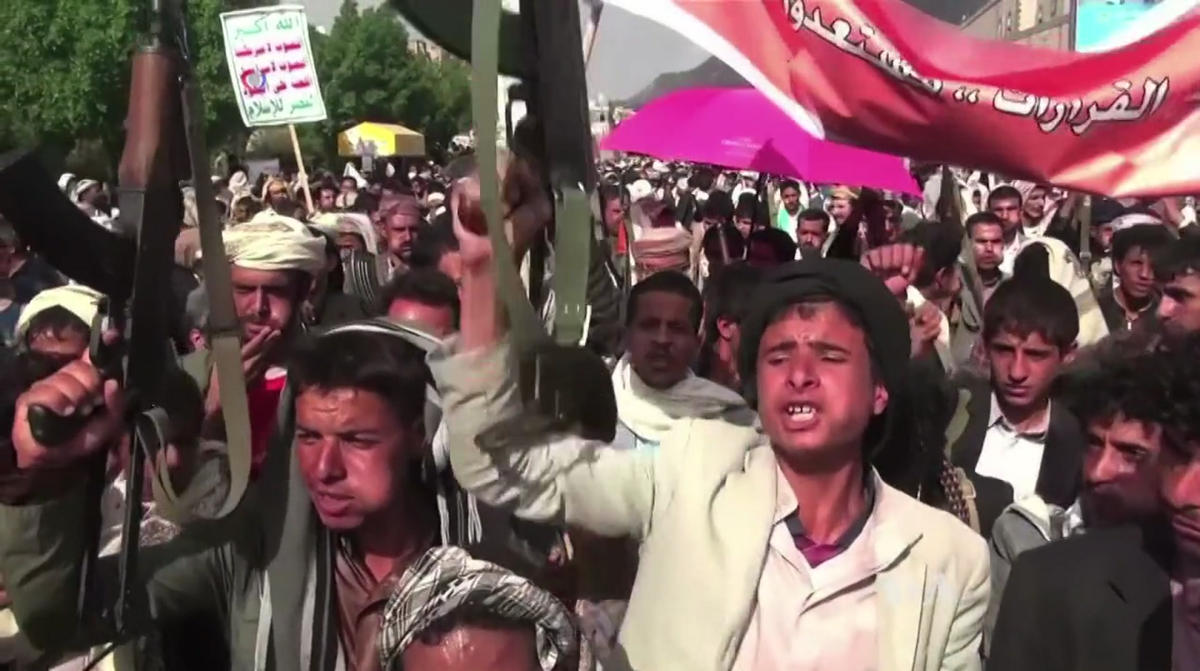 Houthi protest scene relevant to Iran proxy groups in Middle East and Red Sea disruption risk