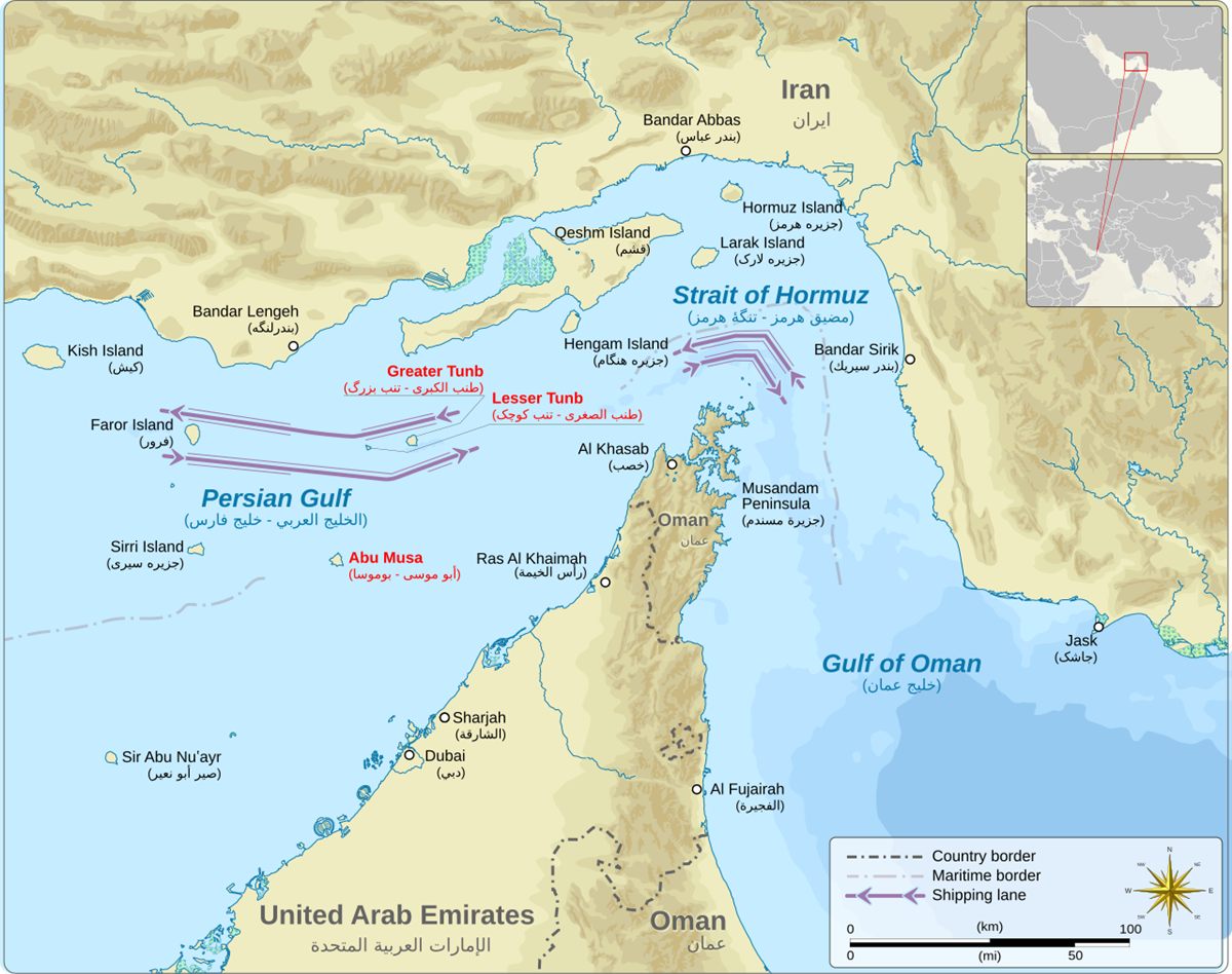Map of Abu Musa and Tunb islands in analysis of is UAE an ally of Iran