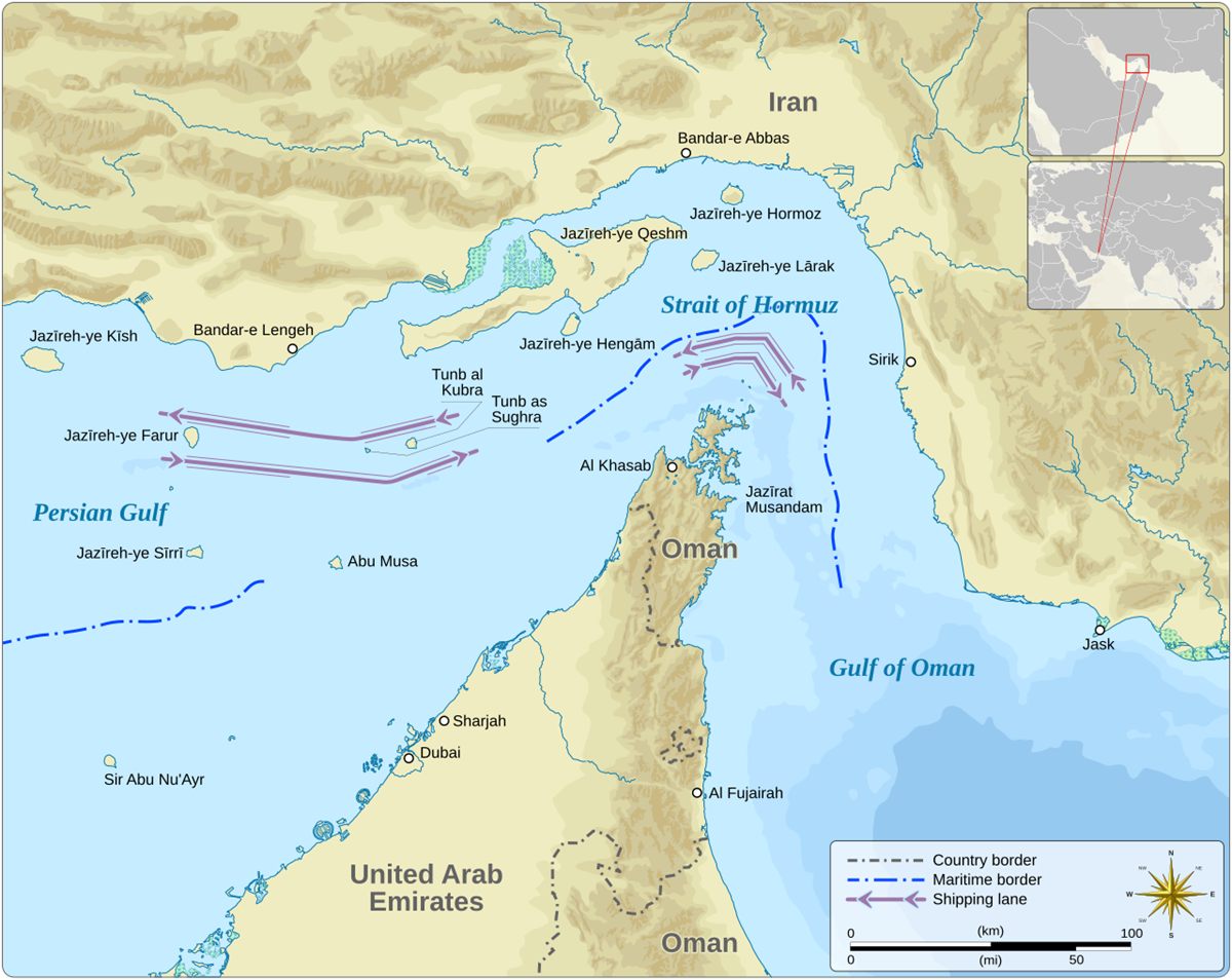 Strait of Hormuz shipping map used to assess UAE Iran trade ties and maritime risk