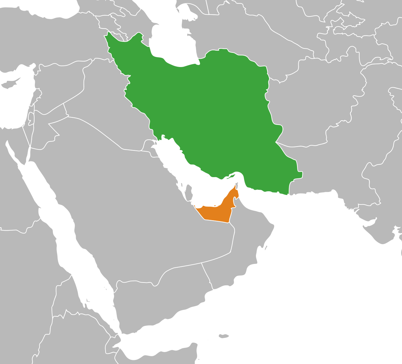 Locator map showing Iran and the United Arab Emirates for is UAE an ally of Iran analysis
