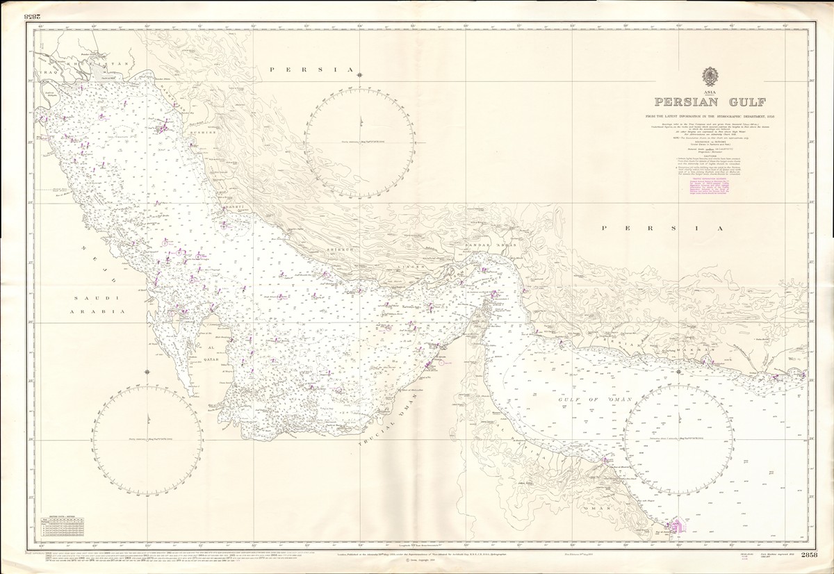 Persian gulf map with coastline states, key islands, and strategic shipping routes