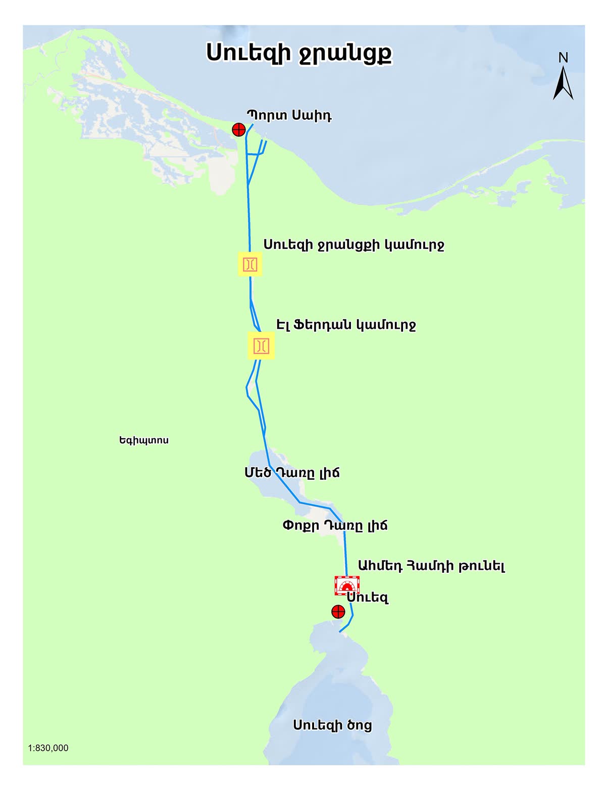 Suez canal map satellite view highlighting the Egypt corridor between Mediterranean and Red Sea